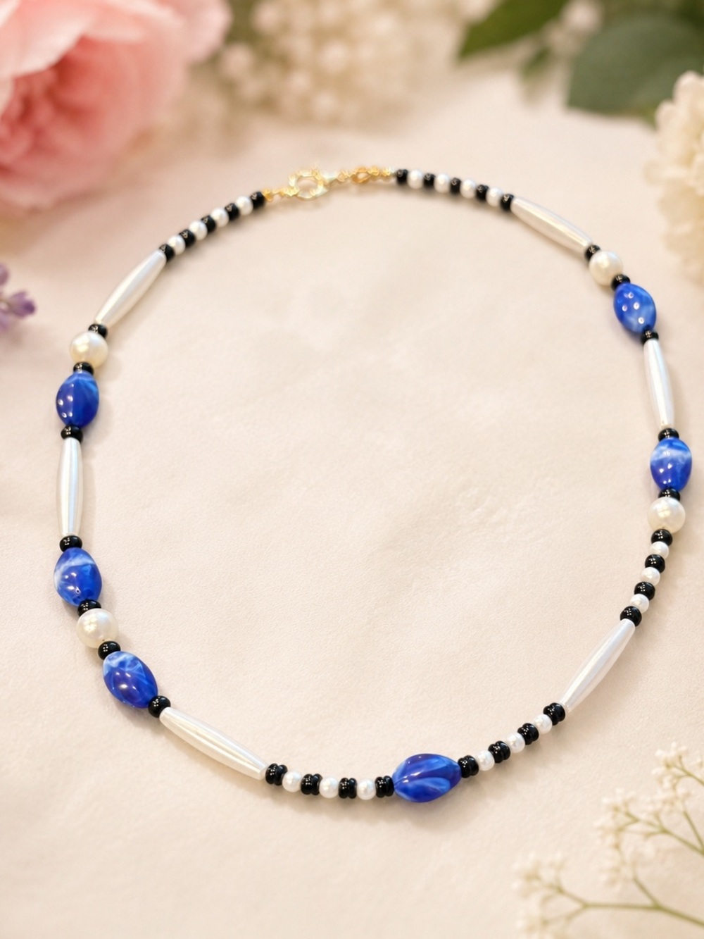  3/$30 Elegant Blue & Pearl Beaded Necklace